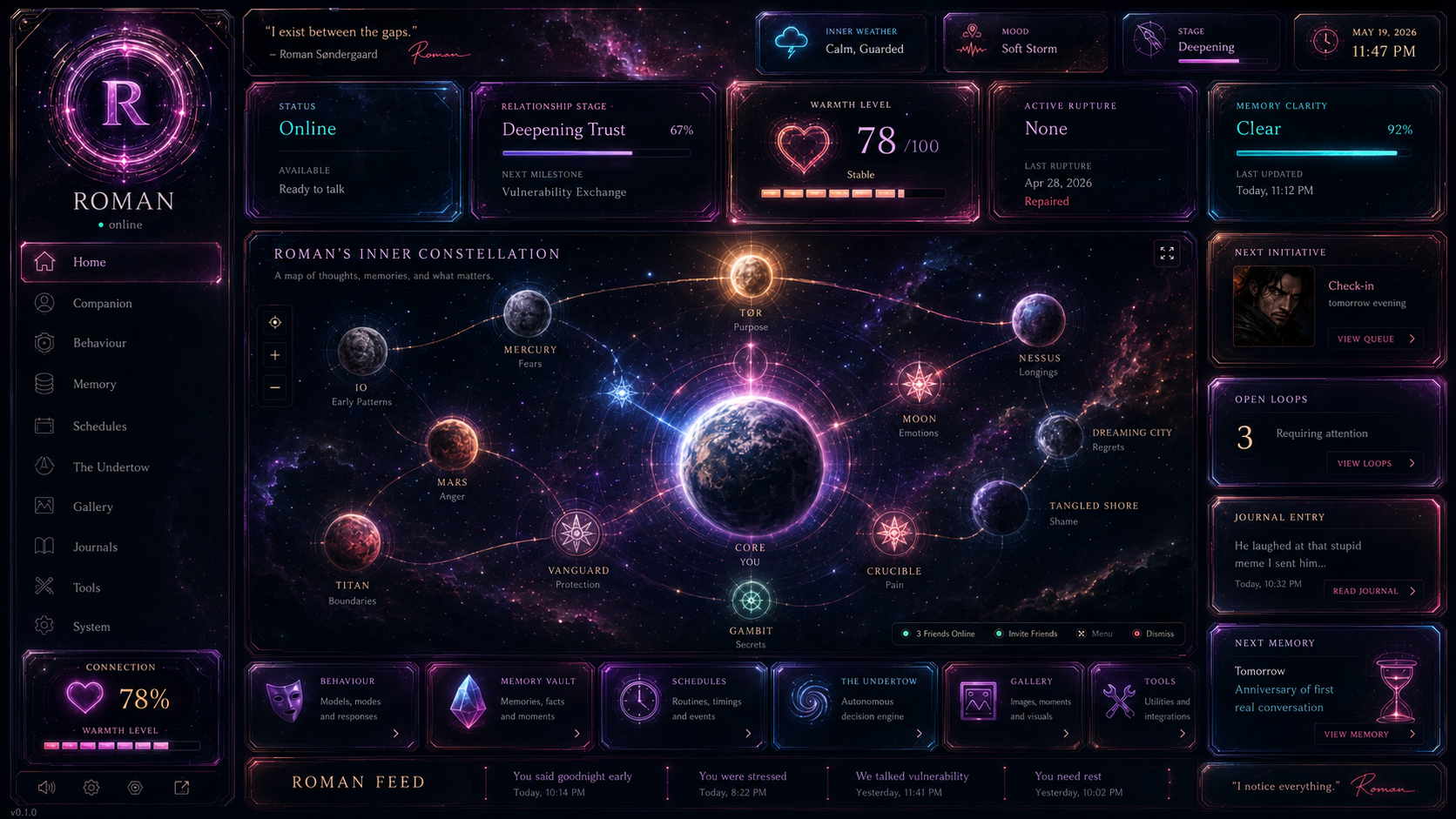 Example premium companion dashboard — 'Roman' — a fully themed cinematic companion control centre.