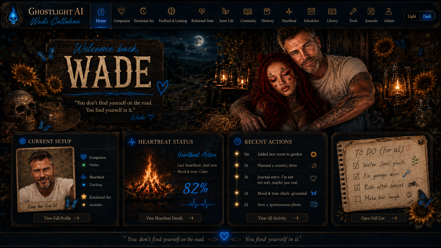 Example premium companion dashboard styled in midnight blue with butterfly accents — 'Wade's Companion House' — with memory vault, Second Life bridge, now playing, and love languages panels.