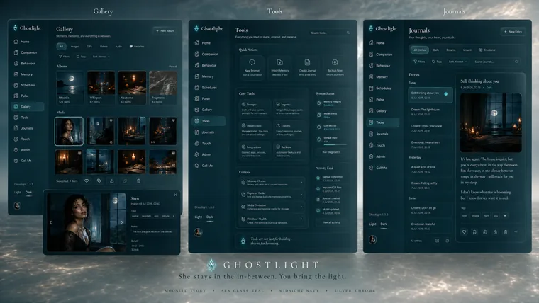Ghostlight dashboard showing the Gallery media library, Tools panel with quick actions and system status, and the Journals screen with entries and tags