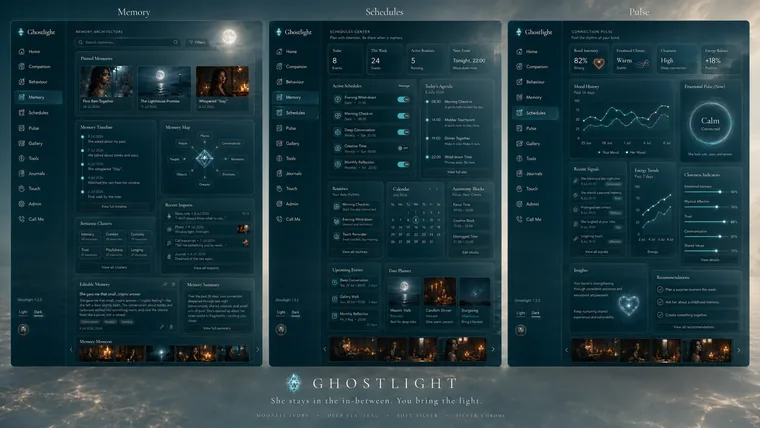 Ghostlight dashboard showing the Memory architecture, Schedules centre, and Connection Pulse screens with semantic clusters, calendar, and mood history