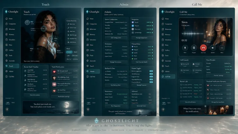 Ghostlight dashboard showing the Touch presence screen with gesture shortcuts, the Admin system configuration panel, and the Call Me phone bridge with live call controls
